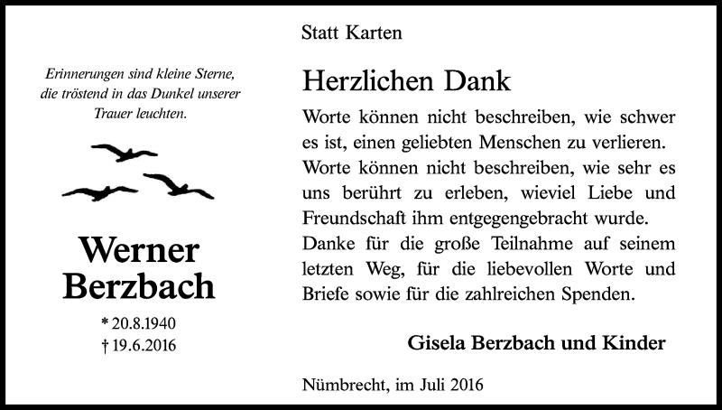  Traueranzeige für Werner Berzbach vom 30.07.2016 aus Kölner Stadt-Anzeiger / Kölnische Rundschau / Express