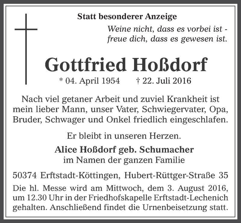  Traueranzeige für Gottfried Hoßdorf vom 27.07.2016 aus  Werbepost 