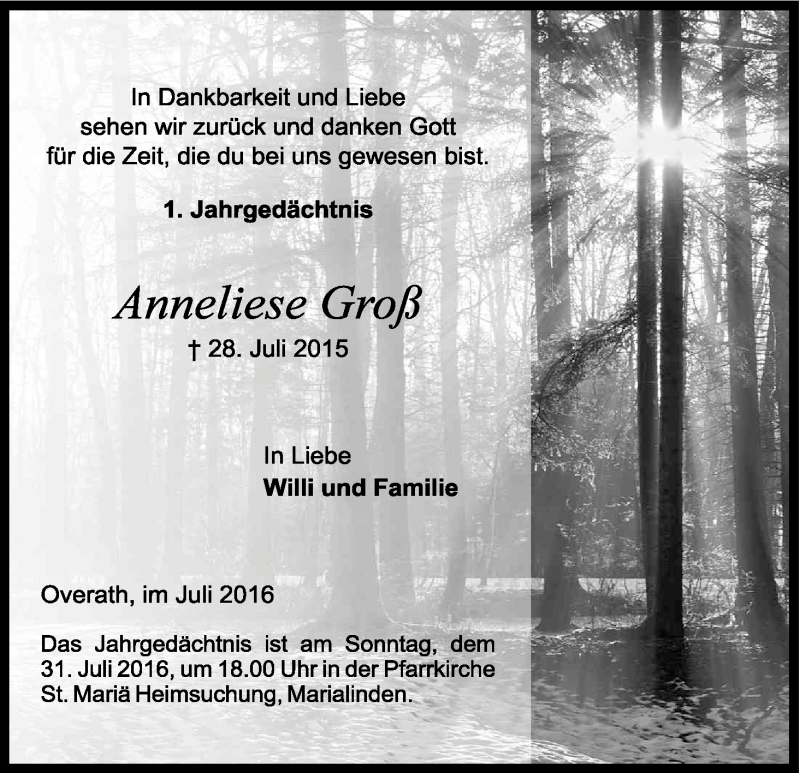  Traueranzeige für Anneliese Groß vom 28.07.2016 aus Kölner Stadt-Anzeiger / Kölnische Rundschau / Express