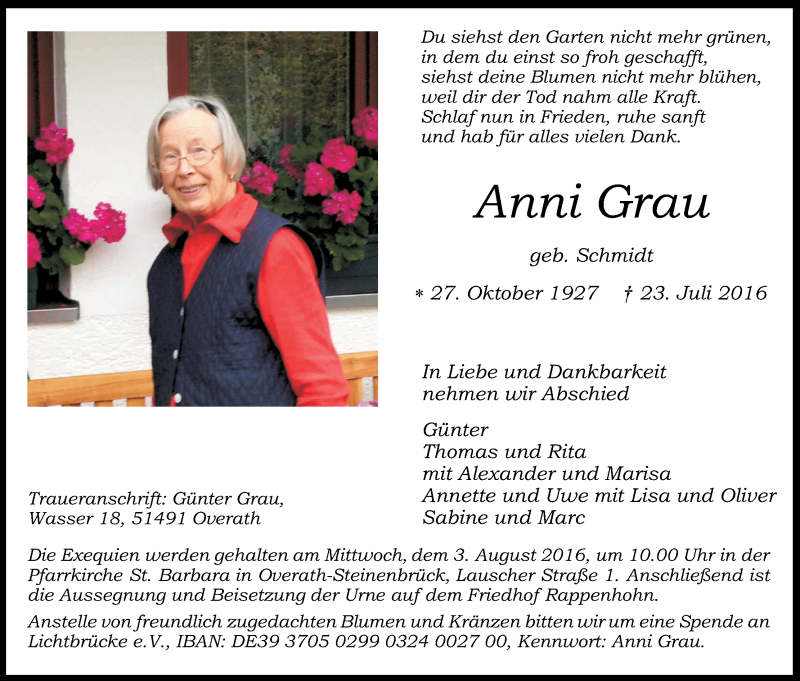  Traueranzeige für Anni Grau vom 29.07.2016 aus Kölner Stadt-Anzeiger / Kölnische Rundschau / Express
