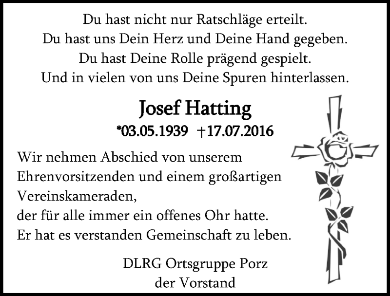  Traueranzeige für Josef Hatting vom 27.07.2016 aus  Kölner Wochenspiegel 
