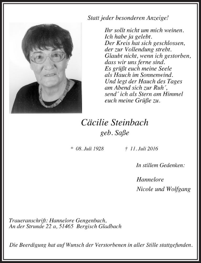  Traueranzeige für Cäcilie Steinbach vom 27.07.2016 aus  Bergisches Handelsblatt 