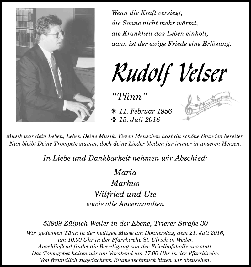  Traueranzeige für Rudolf Velser vom 19.07.2016 aus Kölner Stadt-Anzeiger / Kölnische Rundschau / Express