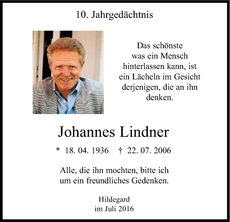 Traueranzeige für Johannes Lindner vom 22.07.2016 aus Kölner Stadt-Anzeiger / Kölnische Rundschau / Express