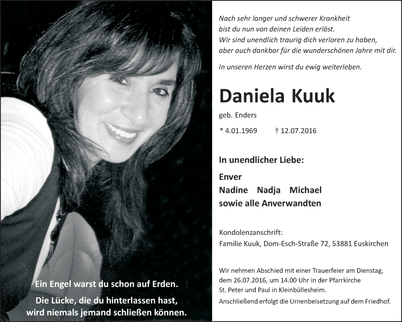  Traueranzeige für Daniela Kuuk vom 16.07.2016 aus  Blickpunkt Euskirchen 