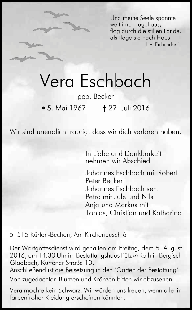  Traueranzeige für Vera Eschbach vom 30.07.2016 aus Kölner Stadt-Anzeiger / Kölnische Rundschau / Express