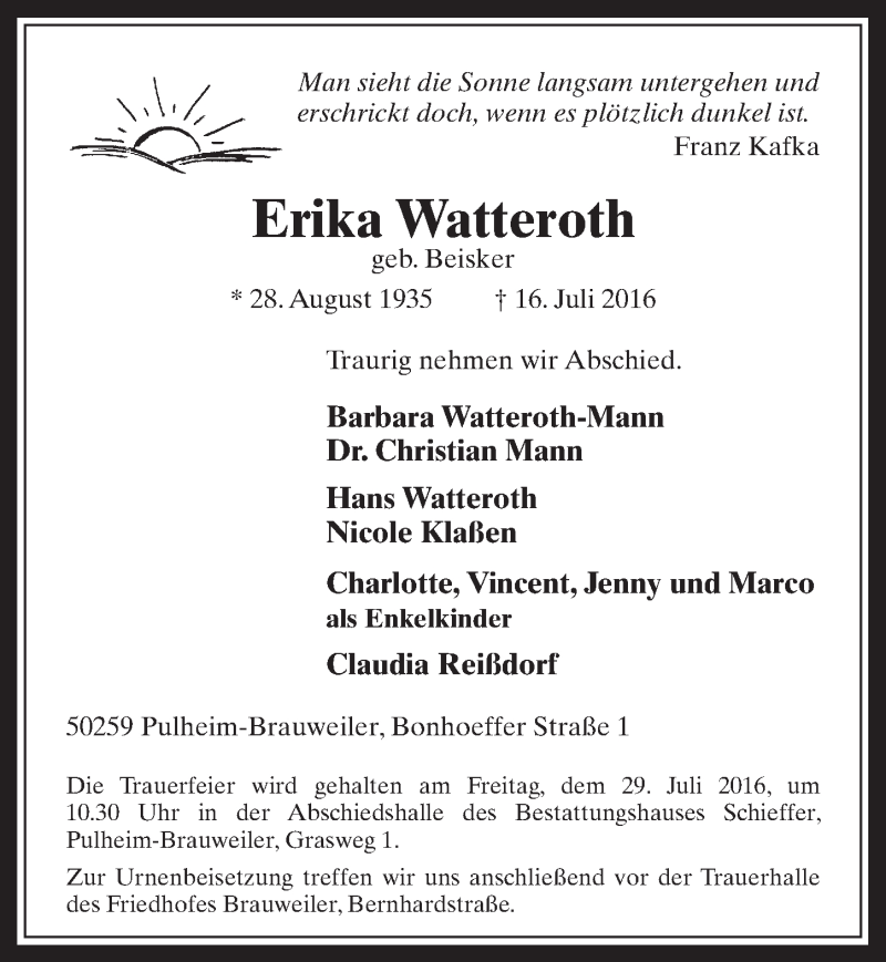  Traueranzeige für Erika Watteroth vom 27.07.2016 aus  Wochenende 