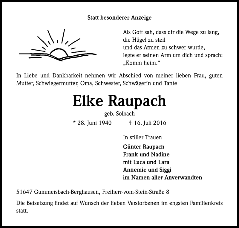  Traueranzeige für Elke  Raupach vom 19.07.2016 aus Kölner Stadt-Anzeiger / Kölnische Rundschau / Express