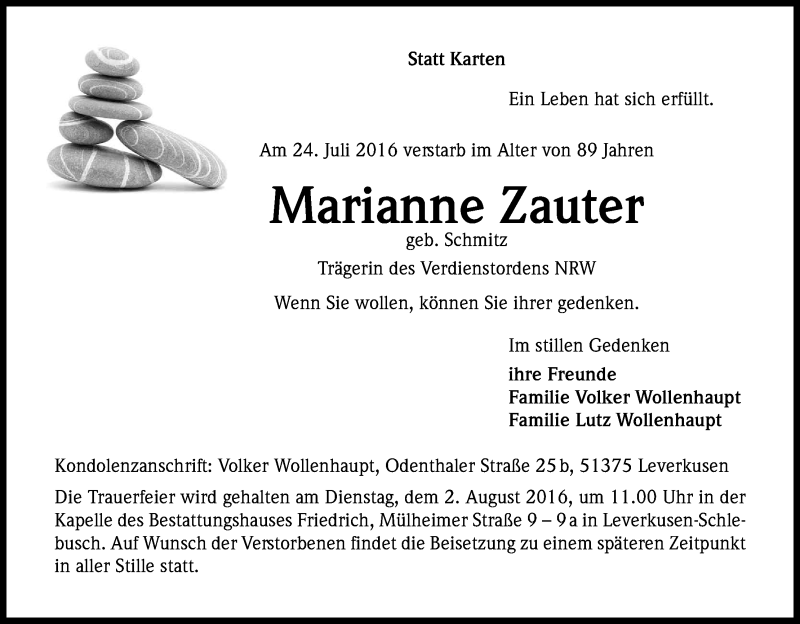 Traueranzeige für Marianne Zauter vom 27.07.2016 aus Kölner Stadt-Anzeiger / Kölnische Rundschau / Express