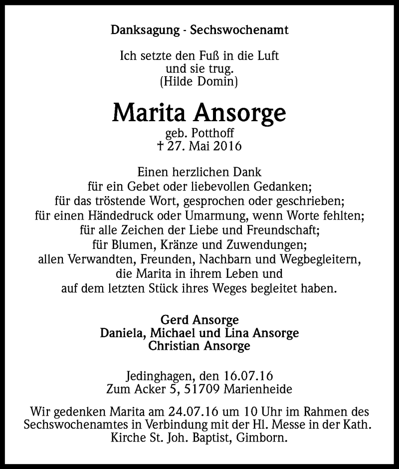  Traueranzeige für Marita Ansorge vom 16.07.2016 aus Kölner Stadt-Anzeiger / Kölnische Rundschau / Express