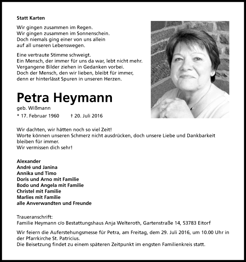  Traueranzeige für Petra Heymann vom 23.07.2016 aus Kölner Stadt-Anzeiger / Kölnische Rundschau / Express