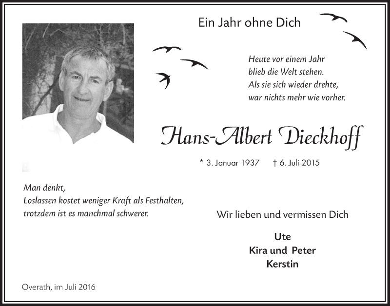  Traueranzeige für Hans-Albert Dieckhoff vom 06.07.2016 aus  Bergisches Handelsblatt 