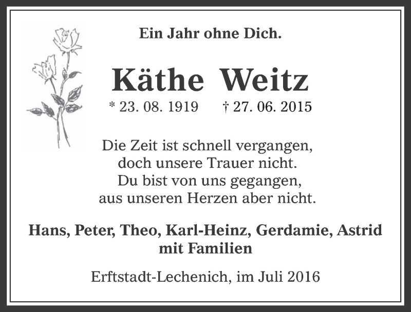  Traueranzeige für Käthe Weitz vom 06.07.2016 aus  Werbepost 
