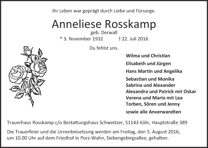  Traueranzeige für Anneliese Rosskamp vom 27.07.2016 aus  Kölner Wochenspiegel 