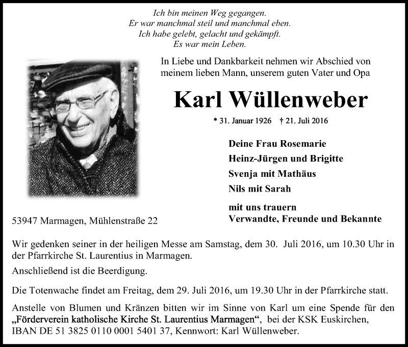  Traueranzeige für Karl Wüllenweber vom 26.07.2016 aus Kölner Stadt-Anzeiger / Kölnische Rundschau / Express