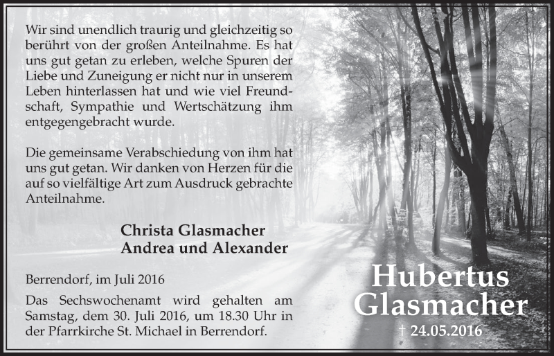  Traueranzeige für Hubertus Glasmacher vom 23.07.2016 aus  Sonntags-Post 