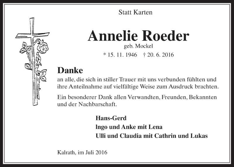  Traueranzeige für Annelie Roeder vom 23.07.2016 aus  Sonntags-Post 