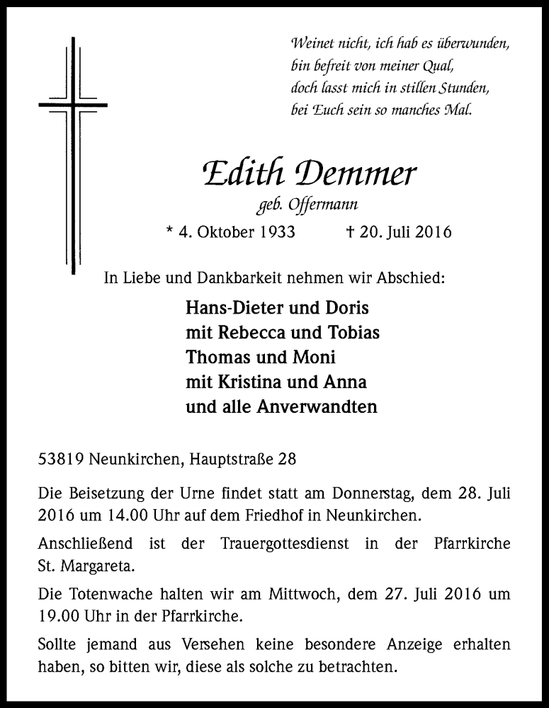  Traueranzeige für Edith Demmer vom 25.07.2016 aus Kölner Stadt-Anzeiger / Kölnische Rundschau / Express