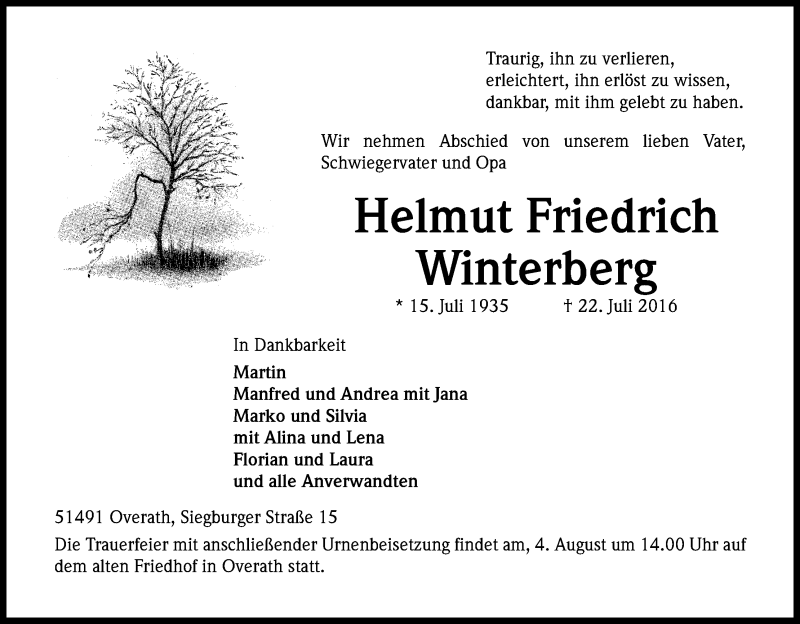  Traueranzeige für Helmut Friedrich Winterberg vom 30.07.2016 aus Kölner Stadt-Anzeiger / Kölnische Rundschau / Express