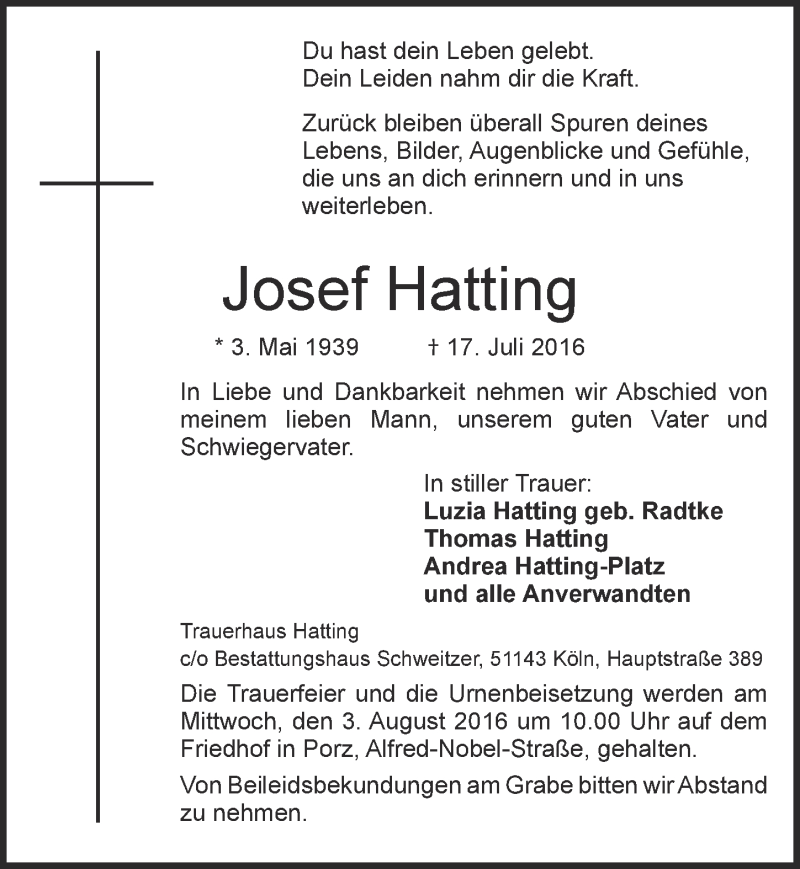 Traueranzeige für Josef Hatting vom 27.07.2016 aus  Kölner Wochenspiegel 