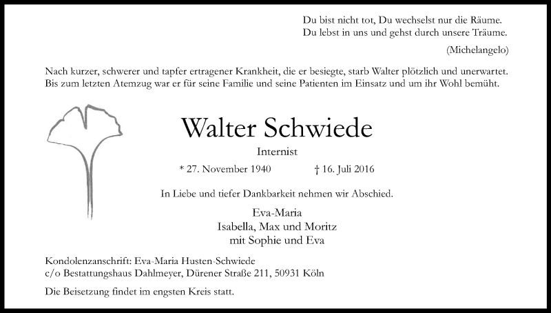  Traueranzeige für Walter Schwiede vom 23.07.2016 aus Kölner Stadt-Anzeiger / Kölnische Rundschau / Express