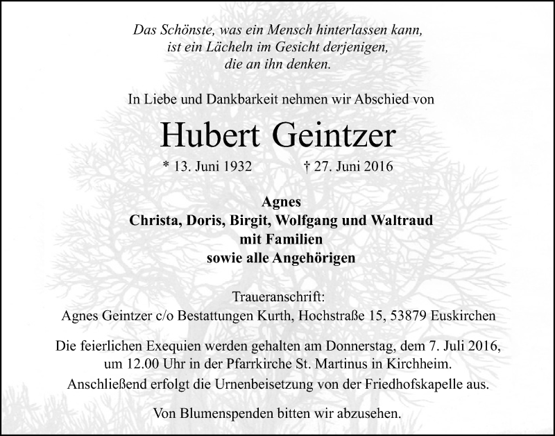  Traueranzeige für Hubert Geintzer vom 02.07.2016 aus  Blickpunkt Euskirchen 