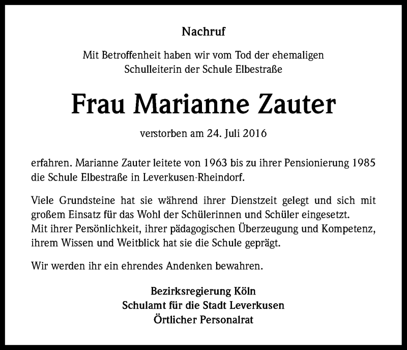  Traueranzeige für Marianne Zauter vom 30.07.2016 aus Kölner Stadt-Anzeiger / Kölnische Rundschau / Express