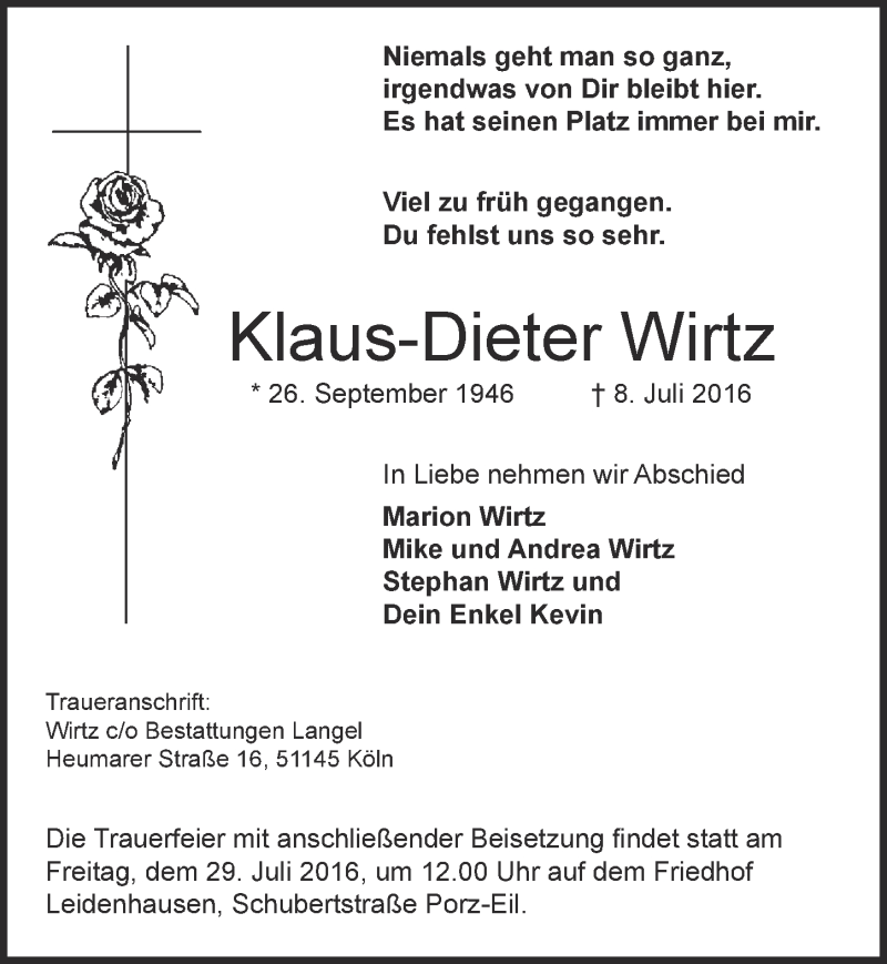  Traueranzeige für Klaus-Dieter Wirtz vom 27.07.2016 aus  Kölner Wochenspiegel 