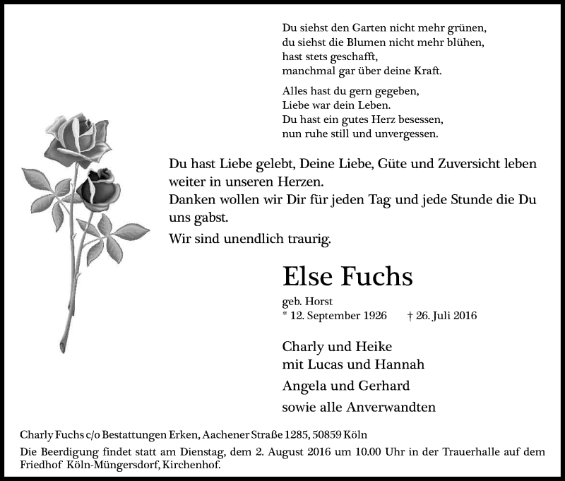  Traueranzeige für Else Fuchs vom 30.07.2016 aus Kölner Stadt-Anzeiger / Kölnische Rundschau / Express