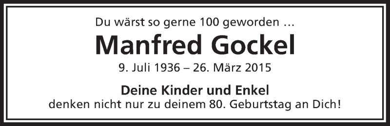  Traueranzeige für Manfred Gockel vom 09.07.2016 aus  Leverkusener Wochenende 
