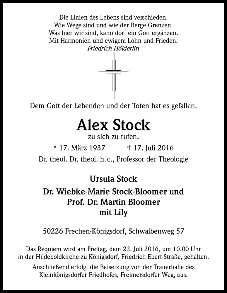  Traueranzeige für Alex Stock vom 20.07.2016 aus Kölner Stadt-Anzeiger / Kölnische Rundschau / Express