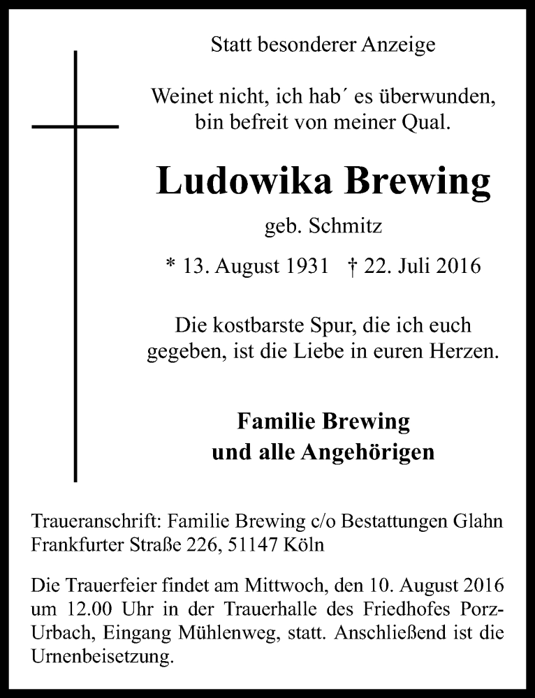  Traueranzeige für Ludowika Brewing vom 27.07.2016 aus  Kölner Wochenspiegel 