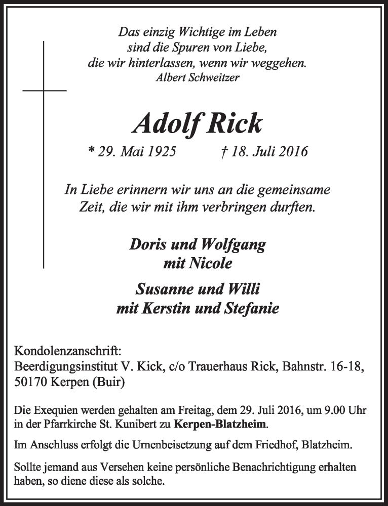  Traueranzeige für Adolf Rick vom 23.07.2016 aus  Sonntags-Post 
