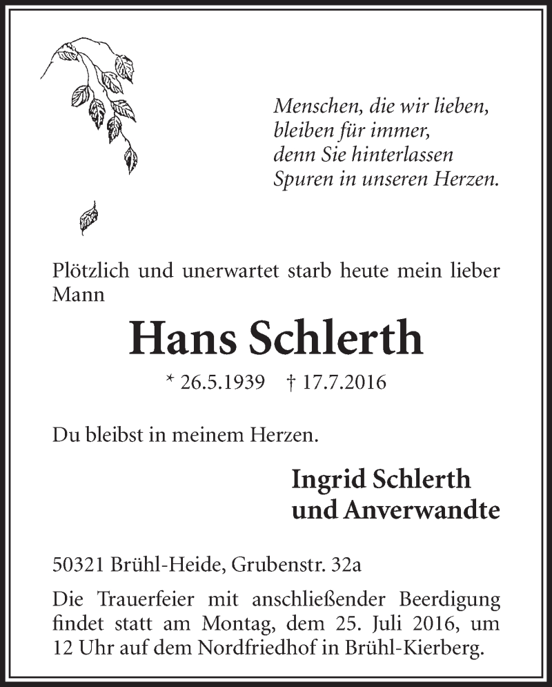  Traueranzeige für Hans Schlerth vom 20.07.2016 aus  Schlossbote/Werbekurier 