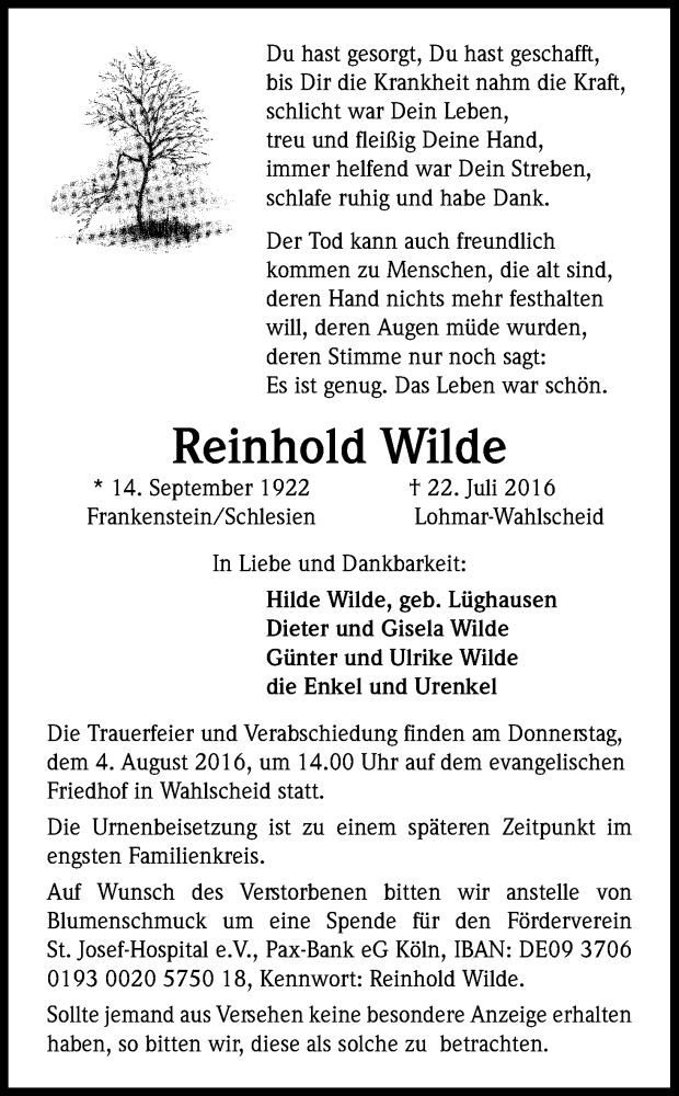  Traueranzeige für Reinhold Wilde vom 28.07.2016 aus Kölner Stadt-Anzeiger / Kölnische Rundschau / Express