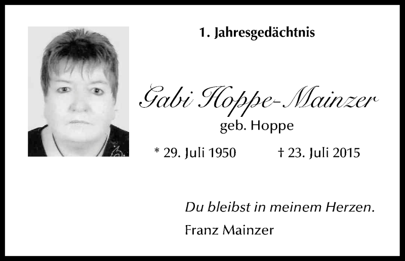  Traueranzeige für Gabi Hoppe-Mainzer vom 23.07.2016 aus Kölner Stadt-Anzeiger / Kölnische Rundschau / Express