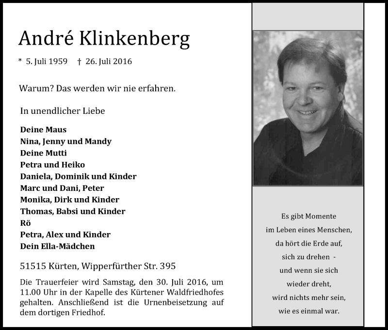  Traueranzeige für André Klinkenberg vom 28.07.2016 aus Kölner Stadt-Anzeiger / Kölnische Rundschau / Express