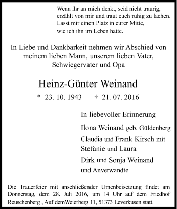 Anzeige von Heinz-Günter Weinand von Kölner Stadt-Anzeiger / Kölnische Rundschau / Express