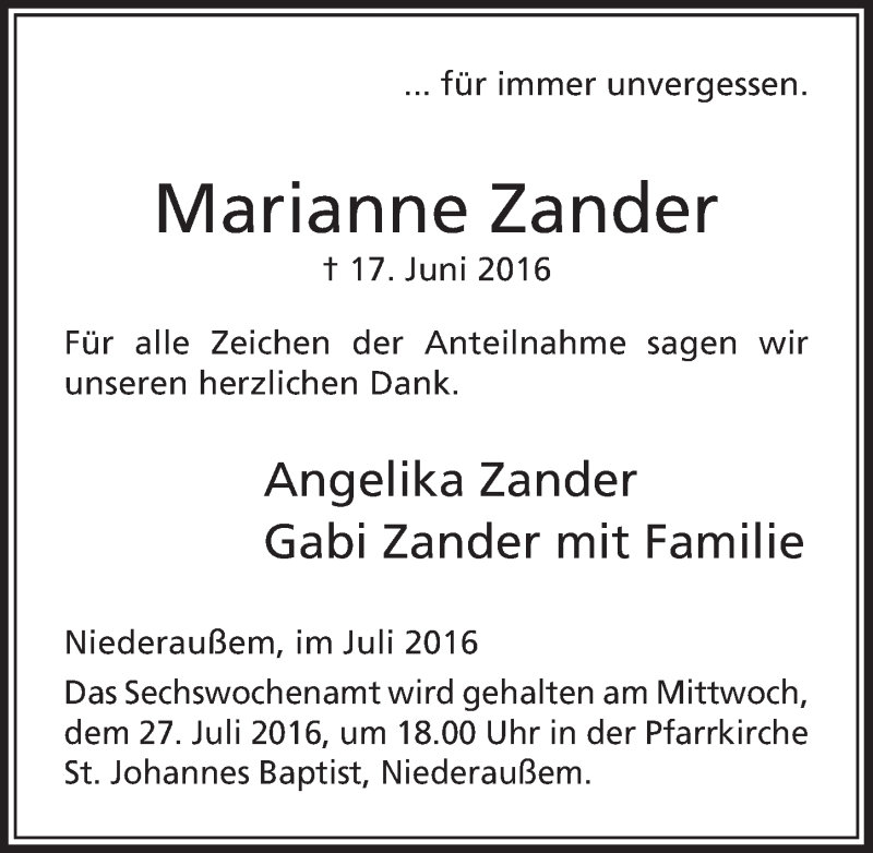  Traueranzeige für Marianne Zander vom 23.07.2016 aus  Sonntags-Post 