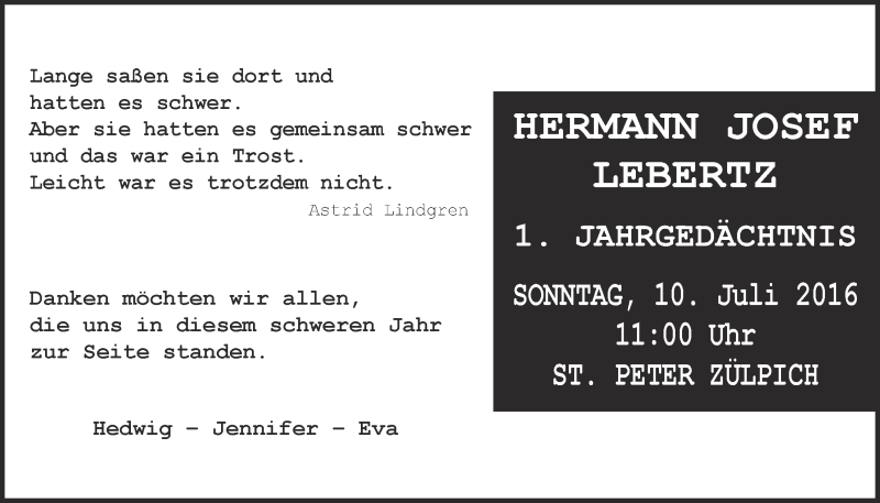  Traueranzeige für Hermann Josef Lebertz vom 02.07.2016 aus  Blickpunkt Euskirchen 