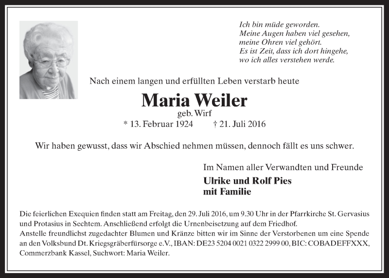  Traueranzeige für Maria Weiler vom 27.07.2016 aus  Schlossbote/Werbekurier 