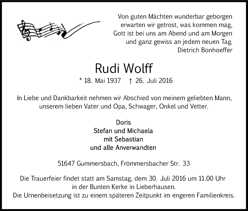  Traueranzeige für Rudi Wolff vom 28.07.2016 aus Kölner Stadt-Anzeiger / Kölnische Rundschau / Express