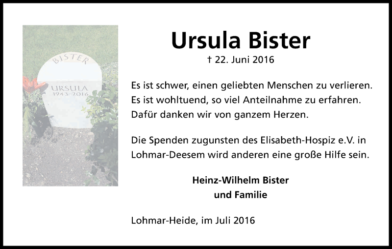  Traueranzeige für Ursula Bister vom 30.07.2016 aus Kölner Stadt-Anzeiger / Kölnische Rundschau / Express