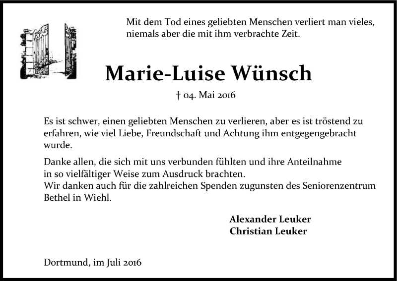  Traueranzeige für Marie-Luise Wünsch vom 20.07.2016 aus Kölner Stadt-Anzeiger / Kölnische Rundschau / Express