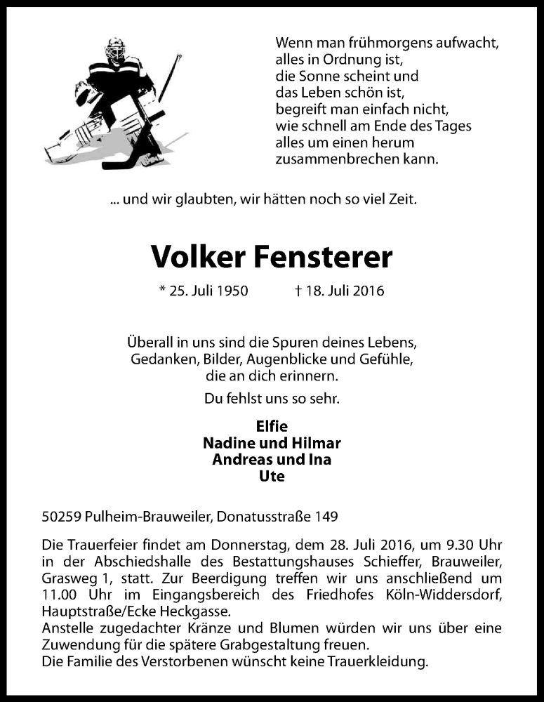  Traueranzeige für Volker Fensterer vom 23.07.2016 aus Kölner Stadt-Anzeiger / Kölnische Rundschau / Express