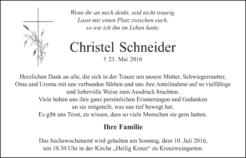  Traueranzeige für Christel Schneider vom 02.07.2016 aus  Blickpunkt Euskirchen 