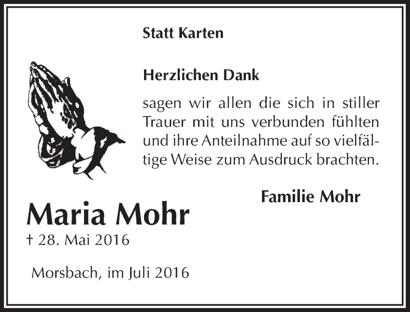  Traueranzeige für Maria Mohr vom 06.07.2016 aus  Lokalanzeiger 