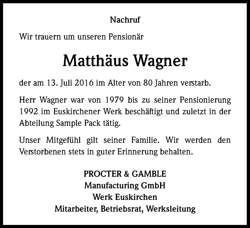  Traueranzeige für Matthäus Wagner vom 25.07.2016 aus Kölner Stadt-Anzeiger / Kölnische Rundschau / Express