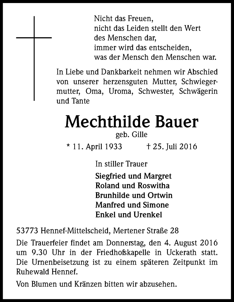  Traueranzeige für Mechthilde Bauer vom 28.07.2016 aus Kölner Stadt-Anzeiger / Kölnische Rundschau / Express