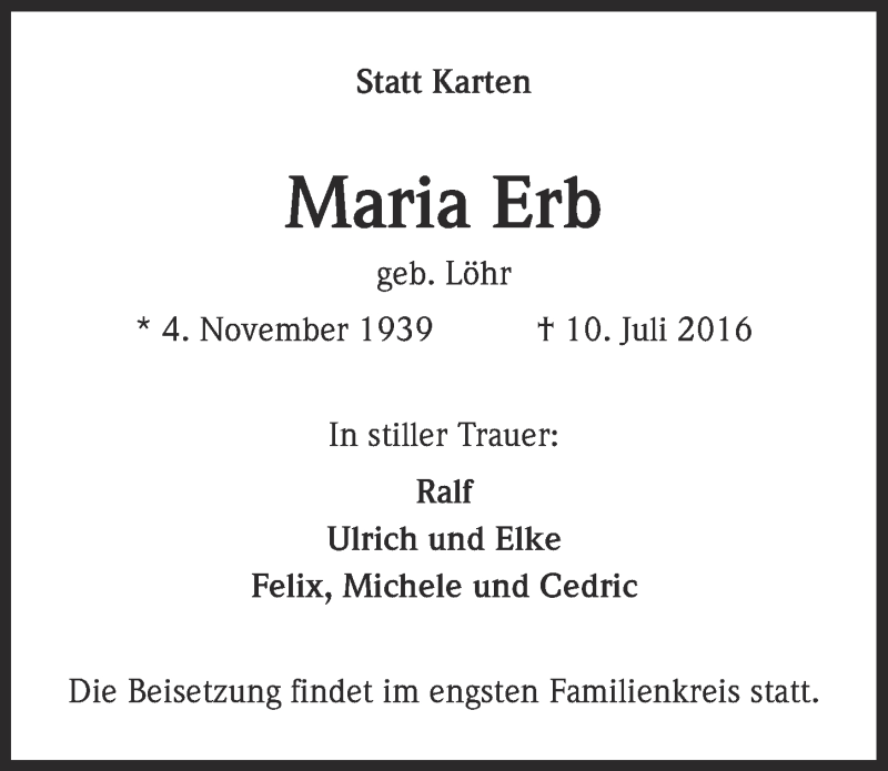  Traueranzeige für Maria Erb vom 27.07.2016 aus  Kölner Wochenspiegel 